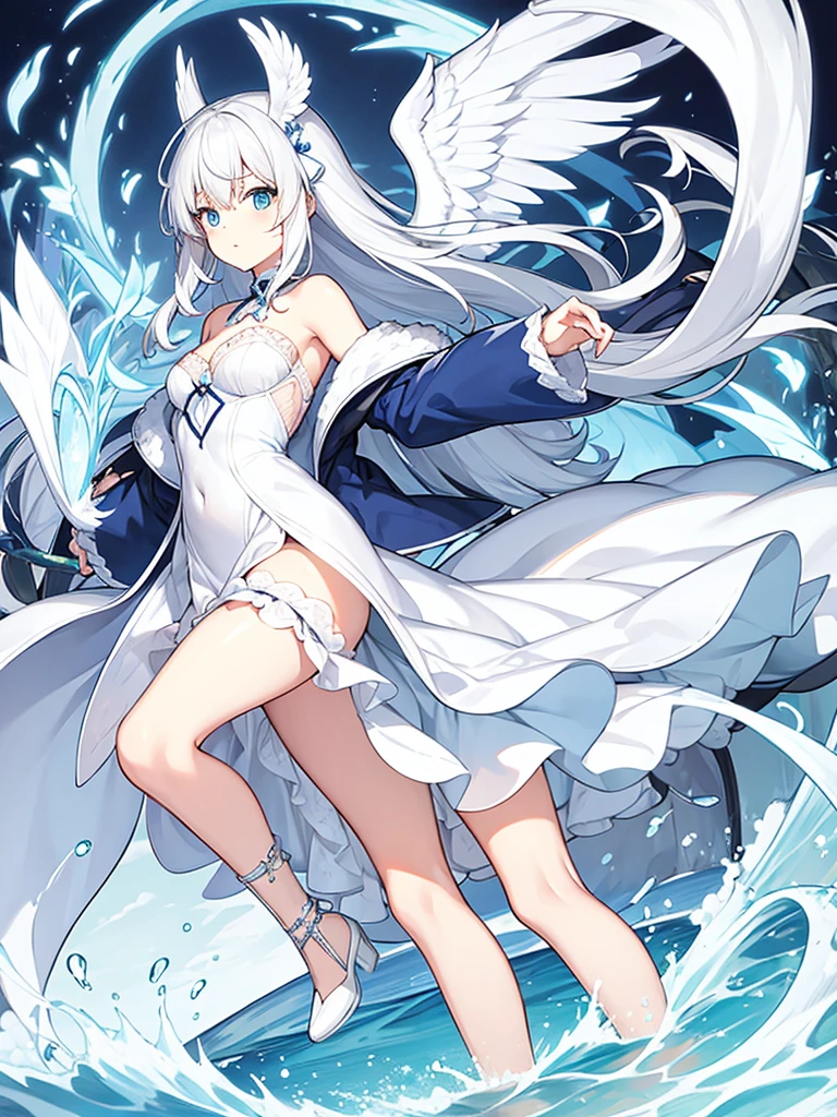 White hair, side tail, blue ribbon, off the shoulder coat, wing dresses, white wing
