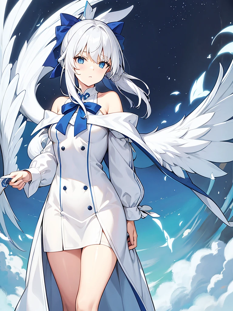 White hair, side tail, blue ribbon, off the shoulder coat, wing dresses, white wing