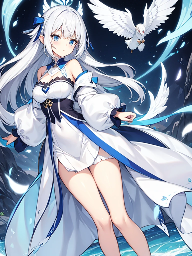tmasterpiece,HighestQuali,Anime girl standing in water in blue dress, Anime goddess, Cat lady,cat ear,Black and white hair, Beautiful celestial mage, ahegao, tmasterpiece《Goddess of sorrow》, full-body xianxia, A scene from the《azur lane》videogame,nigh sky,Lolita prostitute,starrysky