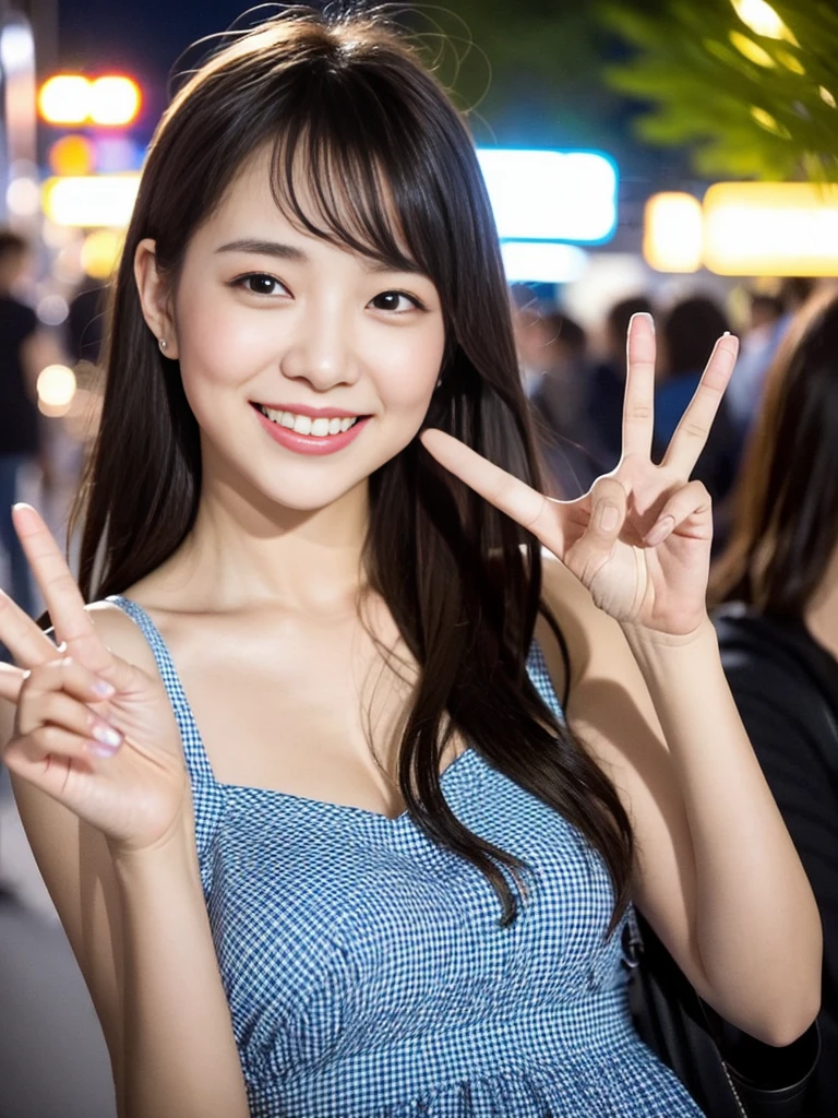 (8k, best quality, masterpiece:), Create a highly realistic image of a young woman taking a selfie outdoors in the evening. She is holding a red smartphone with her left hand, which is extended in front of her to capture the photo. The woman has long, straight black hair and is wearing a light blue and white checkered dress. She is smiling brightly and making a peace sign with her right hand. The background is slightly blurred but suggests a vibrant, urban setting with bokeh lights from street lamps or buildings. The overall atmosphere is cheerful and lively, with a warm, evening glow. best quality, perfect body, ultra realistic, accurate details , beautiful face