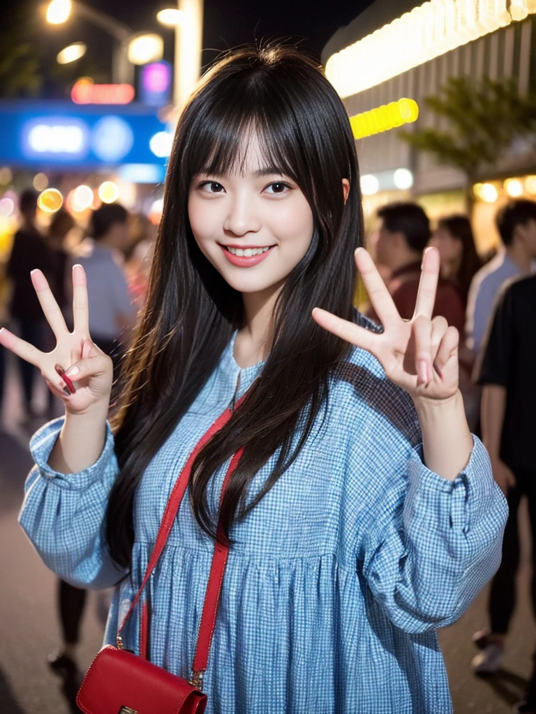 (8k, best quality, masterpiece:), Create a highly realistic image of a young woman taking a selfie outdoors in the evening. She is holding a red smartphone with her left hand, which is extended in front of her to capture the photo. The woman has long, straight black hair and is wearing a light blue and white checkered dress. She is smiling brightly and making a peace sign with her right hand. The background is slightly blurred but suggests a vibrant, urban setting with bokeh lights from street lamps or buildings. The overall atmosphere is cheerful and lively, with a warm, evening glow. best quality, perfect body, ultra realistic, accurate details , beautiful face
