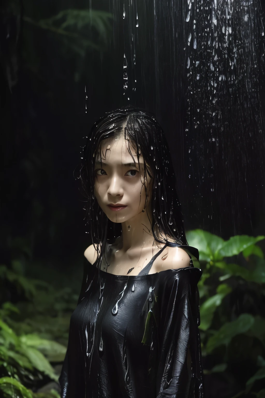 Best Image Quality, masterpiece, Ultra high resolution, (loyalty :1.4), Skinny Japanese woman, 1 girl, detailed face, detailed eyes, correct human body structure, dim, Dark, Tears, Tearsdrop, (wet soaked clothes sticking to the body:1.4), bare shoulders, wet hair, torrential rain, in the deep forest,