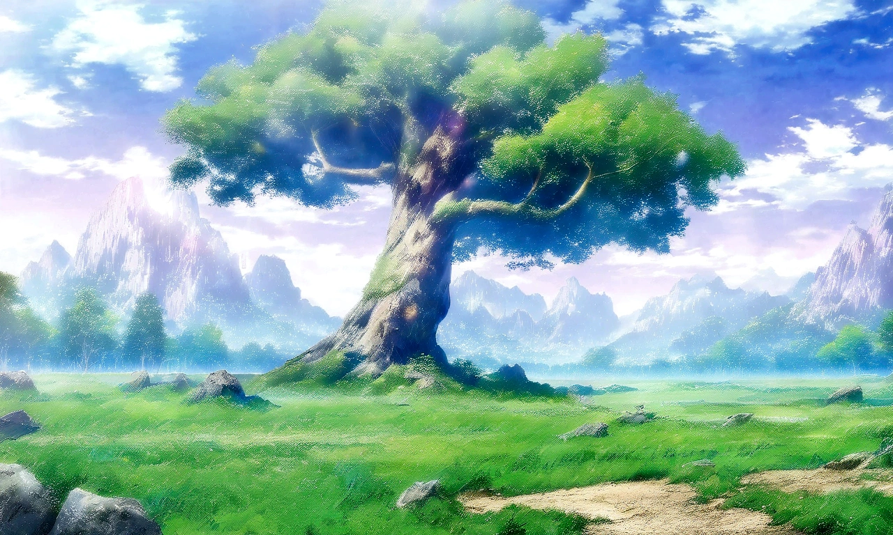 
anime - style painting of a tree in a grassy field with rocks, anime countryside landscape, anime landscape, anime landscape wallpaper, anime background art, beautiful anime scenery, anime background, anime beautiful peace scene, anime scenery, anime movie background, anime nature, anime scenery concept art, colorful anime movie background, beautiful anime scene, anime scene, beautiful landscape background