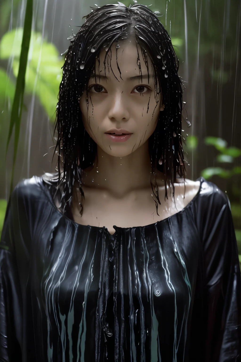 Best Image Quality, masterpiece, Ultra high resolution, (loyalty :1.4), Skinny Japanese woman, 1 girl, detailed face, detailed eyes, correct human body structure, dim, Dark, Tears, Tearsdrop, (wet soaked clothes sticking to the body:1.4), bare shoulders, wet hair, torrential rain, in the deep forest,