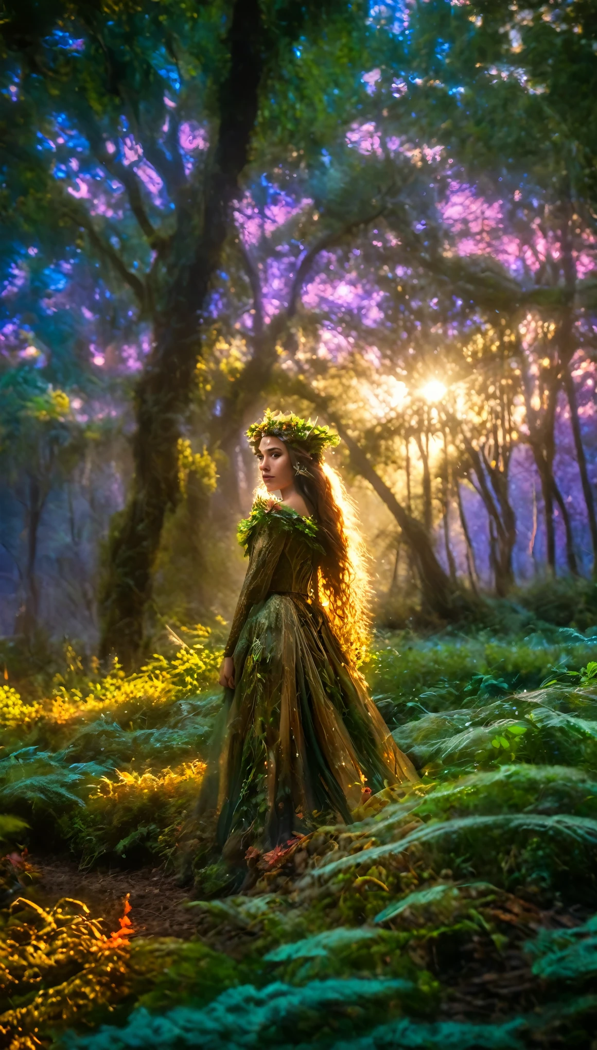 a beautiful forest at dawn, idyllic, magical, majestic, epic lighting, 8K, 1girl, detailed face, detailed eyes, detailed lips, long eyelashes, beautiful dress, serene expression, lush foliage, colorful flowers, sunbeams, photorealistic, cinematic, warm colors, dramatic lighting, intricate details