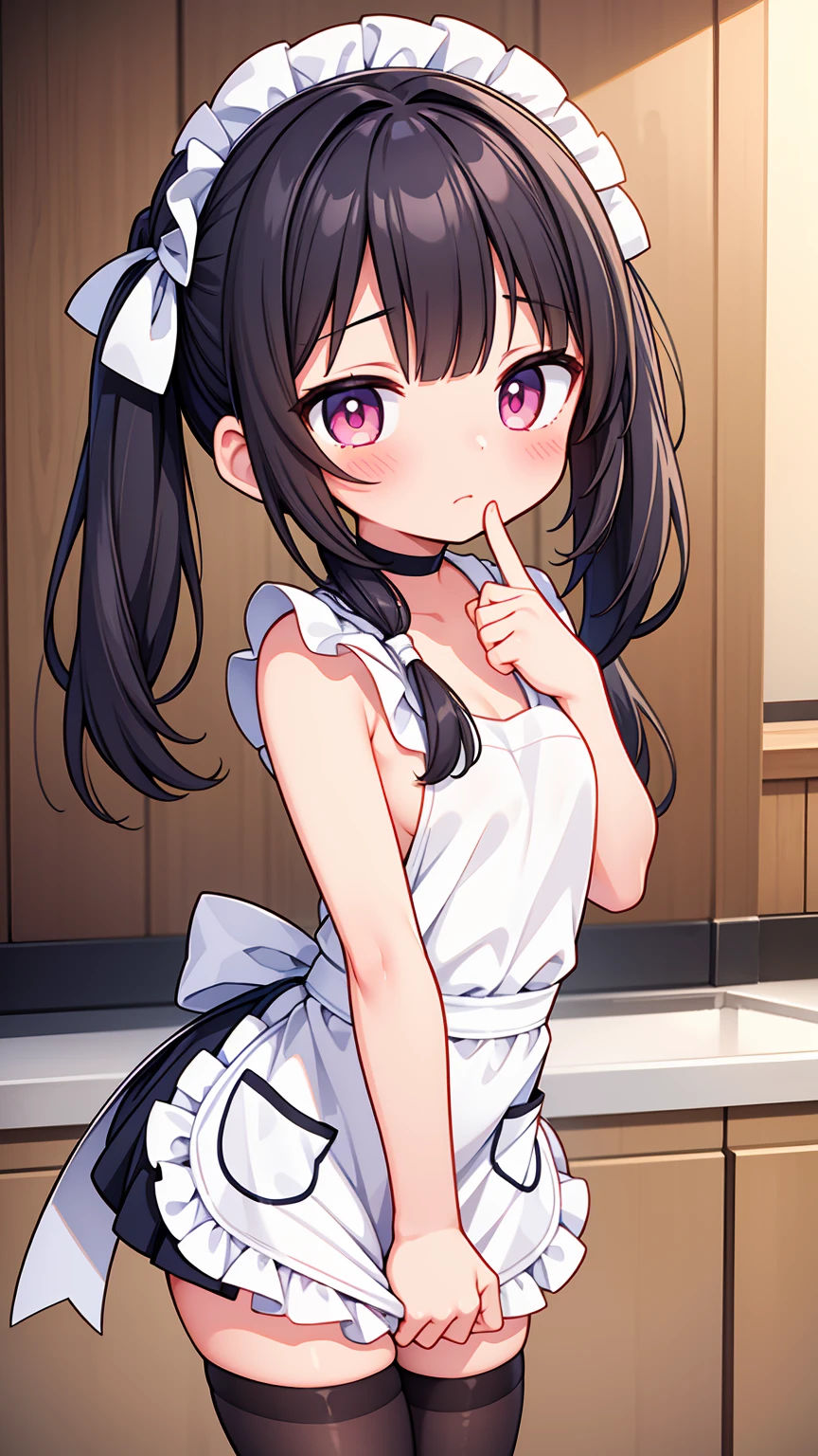 (8K, Highest image quality, highest quality, masterpiece), detailed face, ((loli girl)), (little loli curve) , black hair, short twintails, pink eyes, small breasts, naked apron, cowboy shot, put your hand on your mouth, kitchen background, ((very blushing)), ((detailed hands and fingers)), viewer perspective from below, (very blushing), apron only, (rest of the naked body)