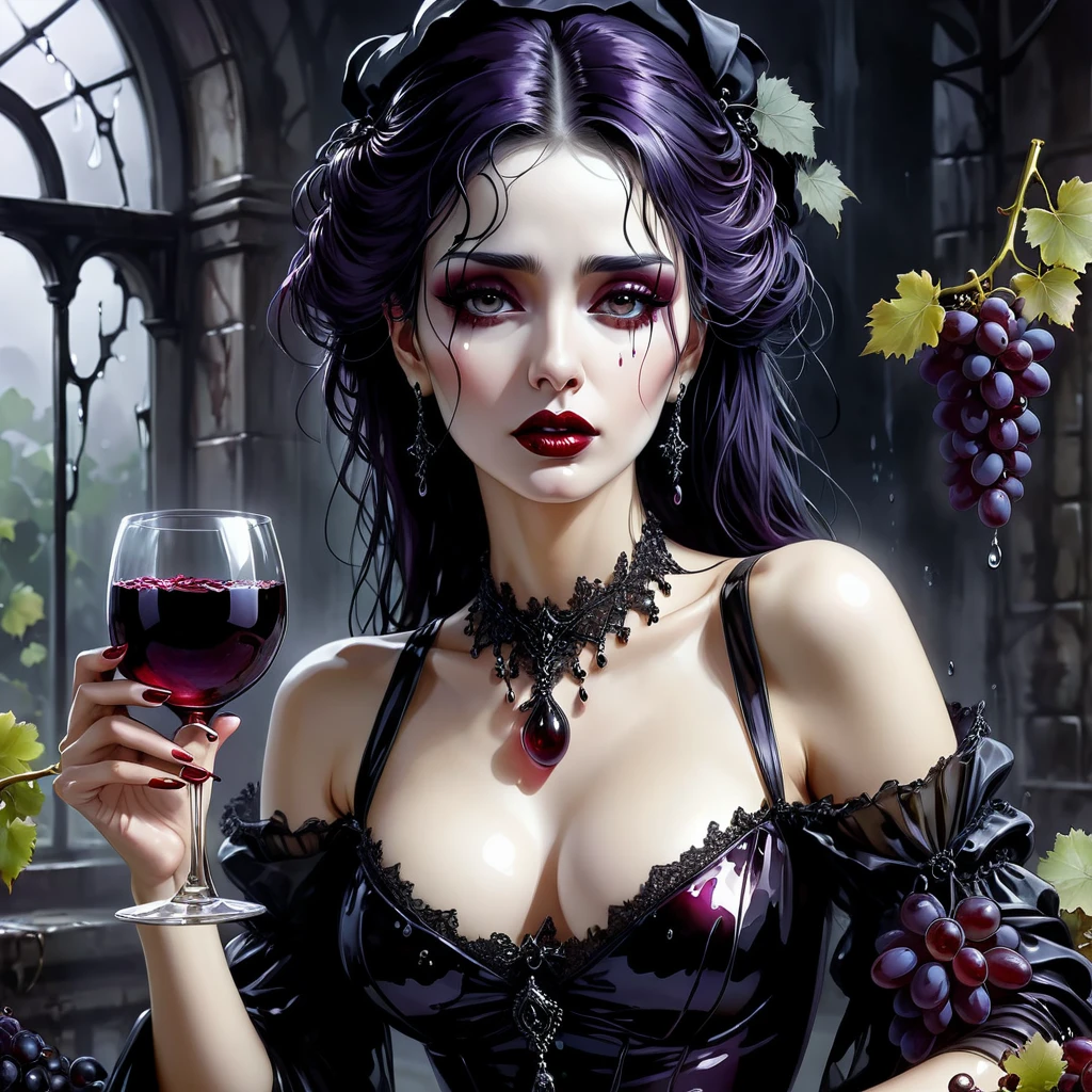 a stylish glass of red wine stylized as a delicate goth woman bust made of grapes and despair, tears dropping in the glass, style of Luis Royo
dvr-cl-dvsn