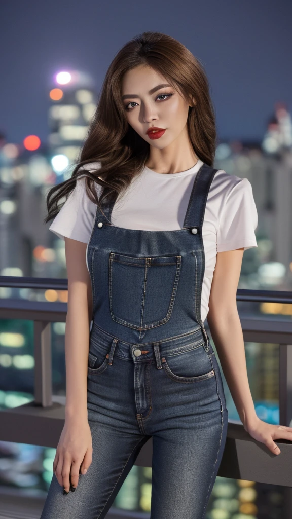 ((Midnight, Highest quality, 8K, masterpiece :1.3)), whole body, Long legs, Sharp focus :1.2, Beautiful woman with perfect figure :1.4, Slim Abs :1.1, ((Dark brown hair, Big Breasts :1.2)), (White tight T-shirt, Jean Bib, Are standing:1.2), ((Night city view, rooftop:1.3)), Highly detailed face and skin texture, Fine grain, double eyelid