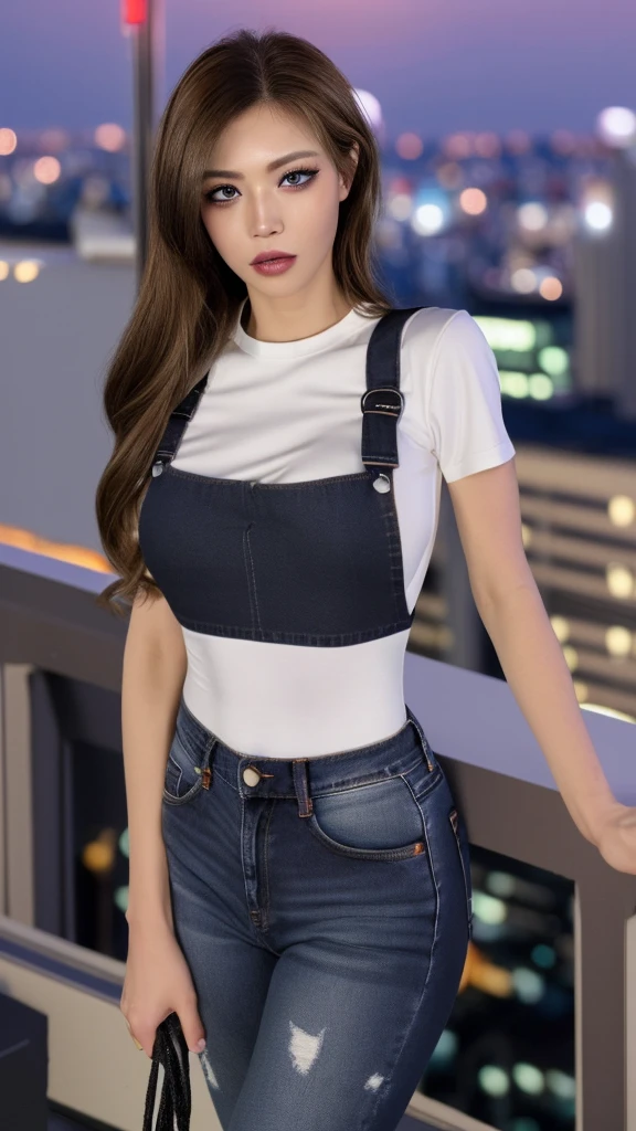 ((Midnight, Highest quality, 8K, masterpiece :1.3)), whole body, Long legs, Sharp focus :1.2, Beautiful woman with perfect figure :1.4, Slim Abs :1.1, ((Dark brown hair, Big Breasts :1.2)), (White tight T-shirt, Jean Bib, Are standing:1.2), ((Night city view, rooftop:1.3)), Highly detailed face and skin texture, Fine grain, double eyelid