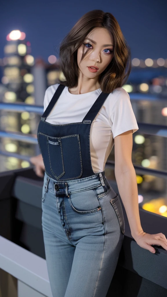 ((Midnight, Highest quality, 8K, masterpiece :1.3)), whole body, Long legs, Sharp focus :1.2, Beautiful woman with perfect figure :1.4, Slim Abs :1.1, ((Dark brown hair, Big Breasts :1.2)), (White tight T-shirt, Jean Bib, Are standing:1.2), ((Night city view, rooftop:1.3)), Highly detailed face and skin texture, Fine grain, double eyelid