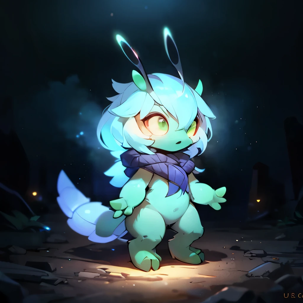 A little glow worm, large glowing goggles, glowing bug antenna, large fur scarf, four arms, short and stout, bug-like face, mandibles, chibi bug person, 1 character, ultra-detailed, 8k, highres, photorealistic, masterpiece, vibrant colors, cinematic lighting, concept art