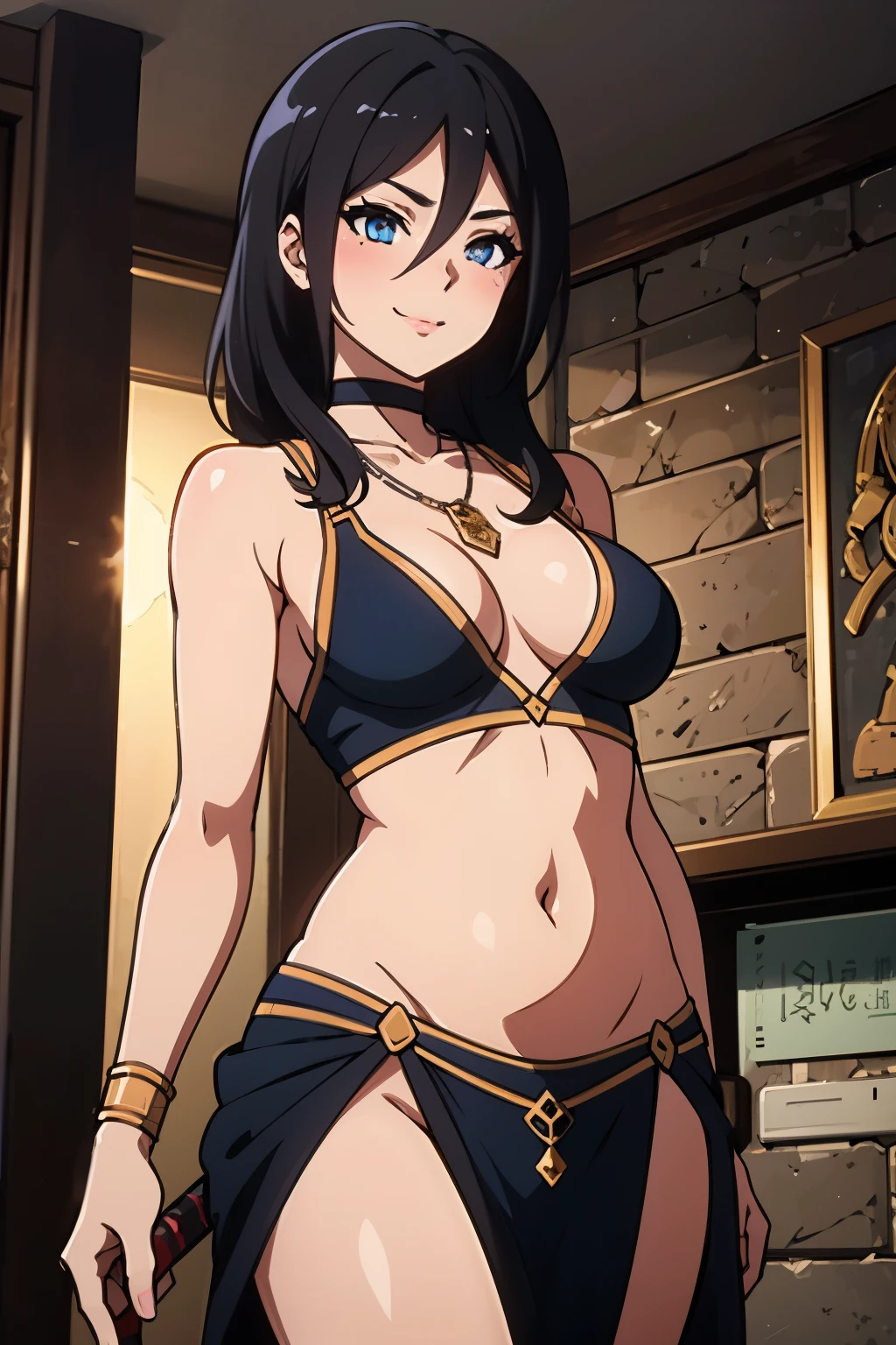 1girl, Asuka, black hair, long hair, medium breast, standing, hair between eyes, bangs, blue eyes, blush, lipstick, masterpiece, best quality, highly detailed ,glint,halterneck,gold_choker, complex detailed background,
inside, stone wall, ancient interior, ancient egyptian room, hieroglyphs, dark lighting, dark
atmosphere, (cowboy shot), holding a sword, sword, belly_chain,harem_outfit,navel, necklace,
pelvic_curtain,revealing_clothes, veil,masterpiece,best quality,1girl,mature,evil smile, smile,
female,mature,necklace,pendant, (nsfw) not safe for work, exposed belly, exposed navel, exposed
midriff, exposed lower belly