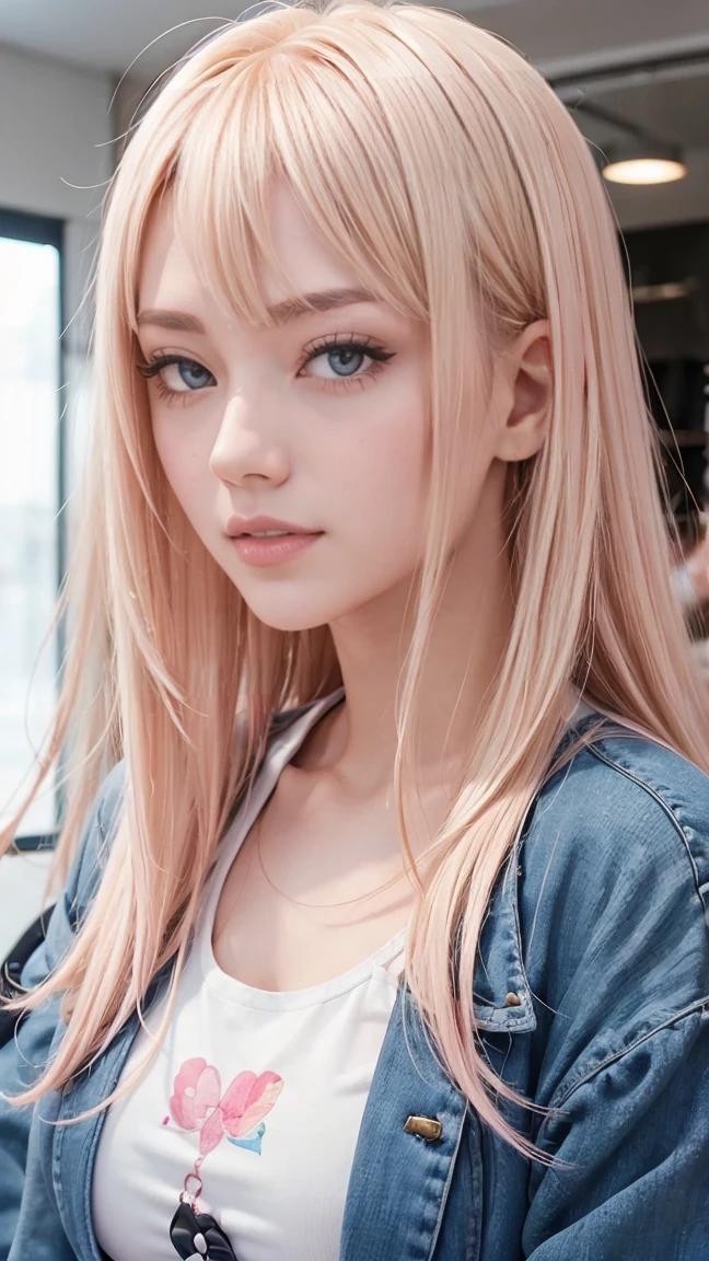 25 year old woman、Hair color is blonde.、The ends of the hair are pink.、The eye color is blue.、semi-long、I have frizzy hair.、I'Iทาอายแชโดว์และลิปสติก、I'Iสวมผ้าคาดศีรษะ、wrist accessories、The body is slender but has well-proportioned muscles.、Wear a long coat over a knitted dress.、She wore a tight skirt with a deep slit..、I'm wearing high heels、smile、Sit on a chair in an open cafe and drink coffee.、Keep smiling.((show your tits:1.5, beautiful tits:1.5, natural tits:1.5))