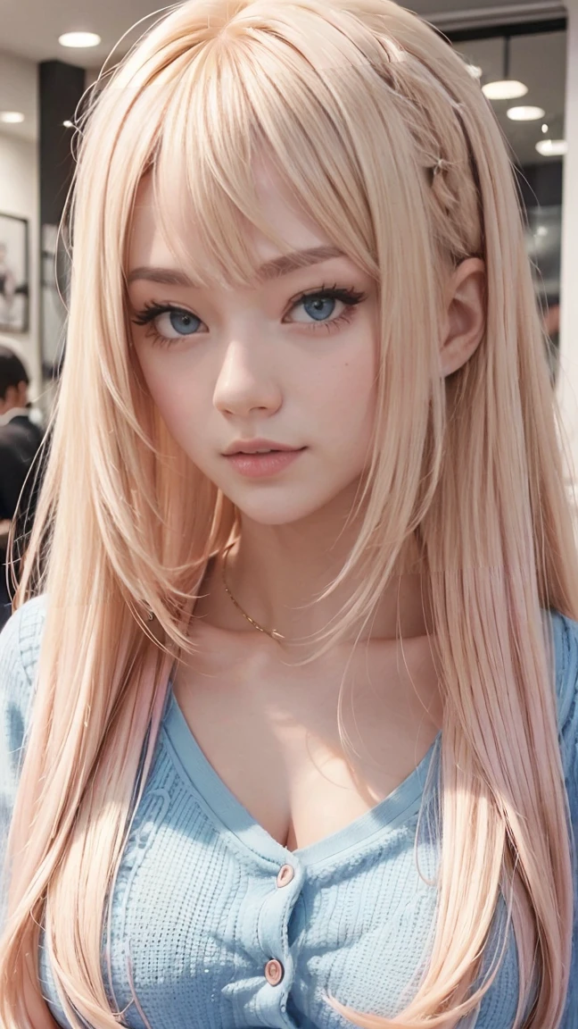 25 year old woman、Hair color is blonde.、The ends of the hair are pink.、The eye color is blue.、semi-long、I have frizzy hair.、I'Iทาอายแชโดว์และลิปสติก、I'Iสวมผ้าคาดศีรษะ、wrist accessories、The body is slender but has well-proportioned muscles.、Wear a long coat over a knitted dress.、She wore a tight skirt with a deep slit..、I'm wearing high heels、smile、Sit on a chair in an open cafe and drink coffee.、Keep smiling.((show your :1.5, beautiful :1.5, natural :1.5))