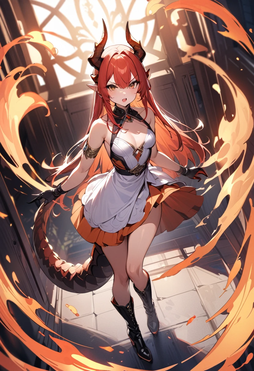 (masterpiece:1.2), (highest quality:1.2), 1girl, fire, solo, tail, horns, dragon-tail, dragon-girl, orange-hair, gloves, dress, dragon-horns, white-dress, looking-at-viewer, black-gloves, standing, bare-shoulders, full-body, red-hair, bangs, open-mouth, armlet, breasts, brown-eyes, scales, small-breasts, black-footwear, fiery-hair, hair-between-eyes, sleeveless, skirt, sleeveless-dress, jewelry, v-shaped-eyebrows, boots, orange-skirt
