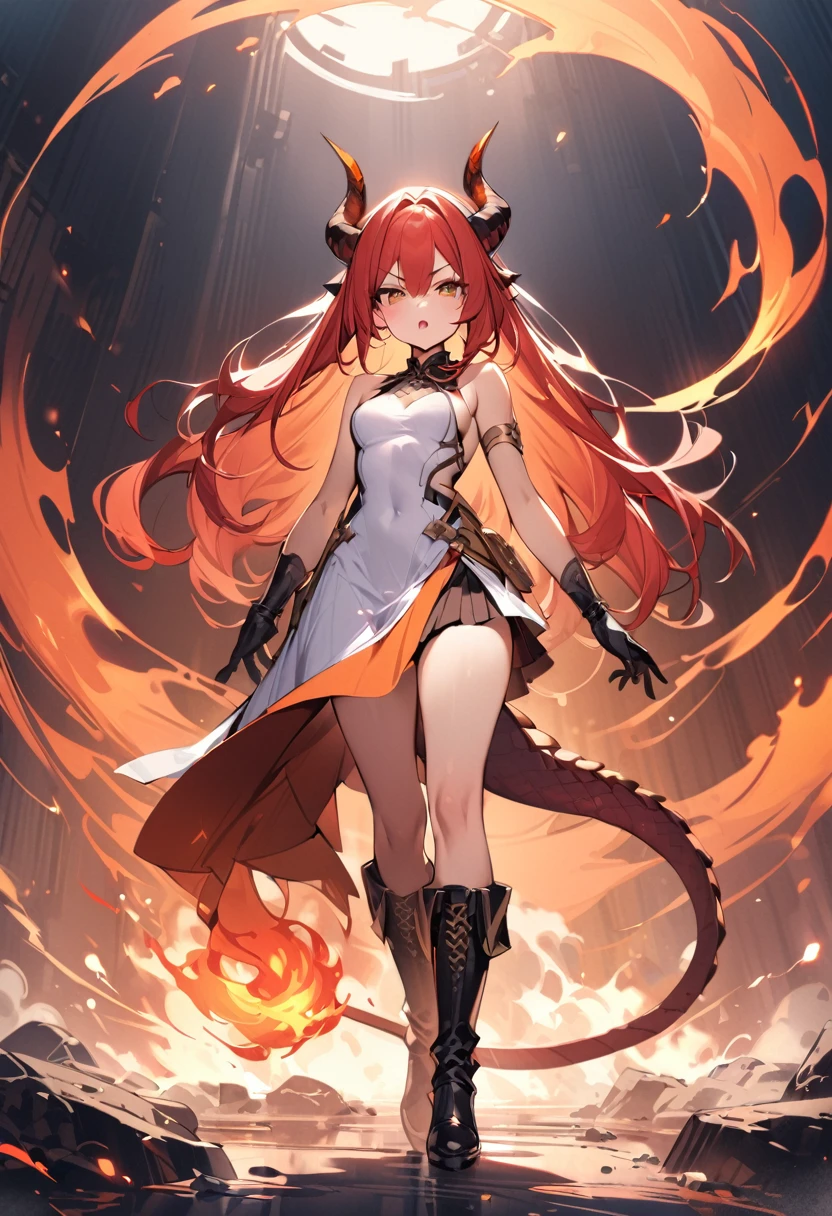 (masterpiece:1.2), (highest quality:1.2), 1girl, fire, solo, tail, horns, dragon-tail, dragon-girl, orange-hair, gloves, dress, dragon-horns, white-dress, looking-at-viewer, black-gloves, standing, bare-shoulders, full-body, red-hair, bangs, open-mouth, armlet, breasts, brown-eyes, scales, small-breasts, black-footwear, fiery-hair, hair-between-eyes, sleeveless, skirt, sleeveless-dress, jewelry, v-shaped-eyebrows, boots, orange-skirt
