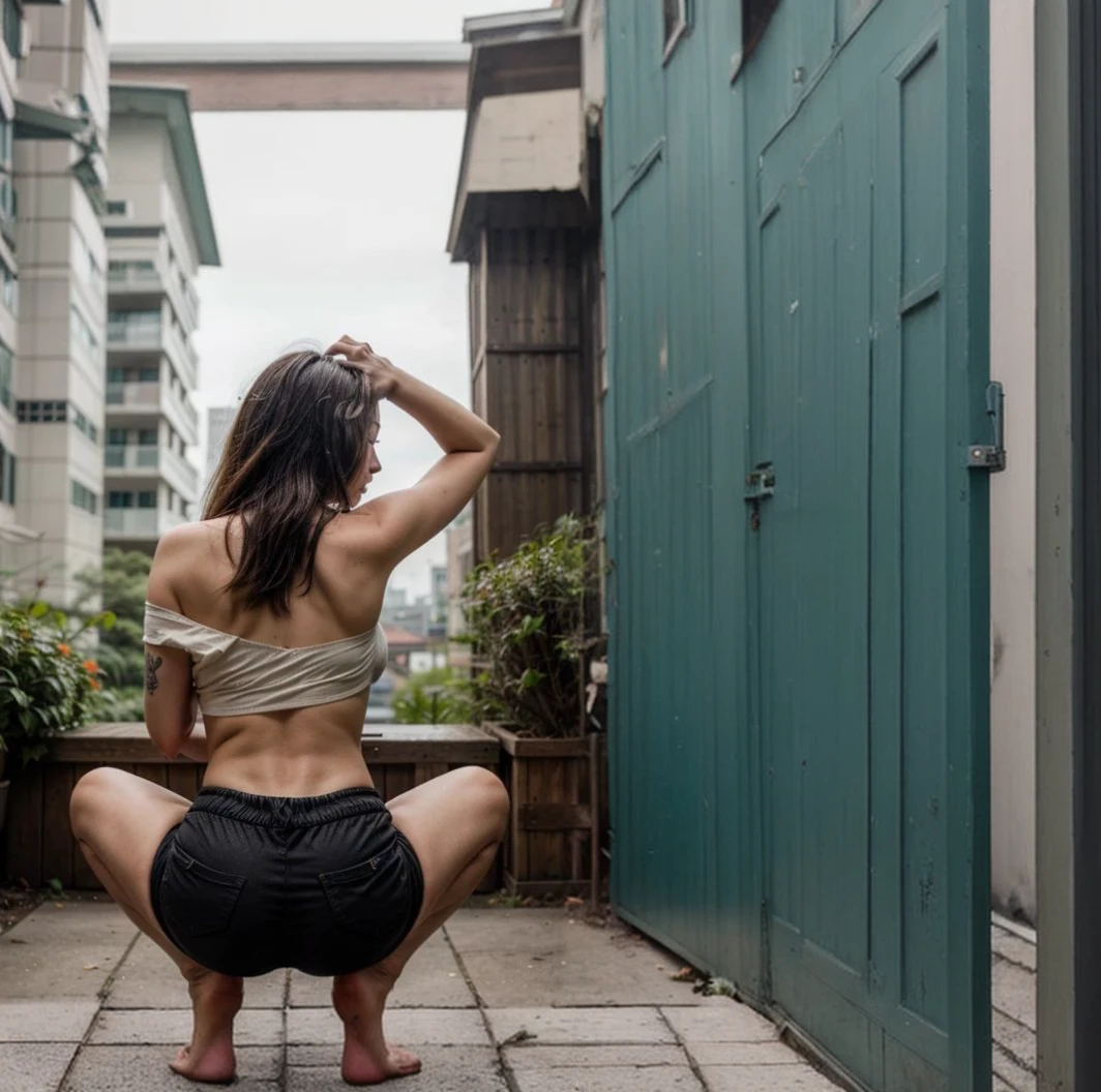 ((best quality)), ((masterpiece)), (detailed), 2 person, a 17 year old korean girl , wave bob hair, 1girl, off-shoulder crop top, wearing short pants, firefly tatto on low back, squat pose with legs spread apart, back view photo, shooting from back, A 30 year old male, hair undercut, athletic body, wearing only shorts, the man sitting in a chair, eyes focused on the girl, the man smile, the man sitting in the corner of the picture