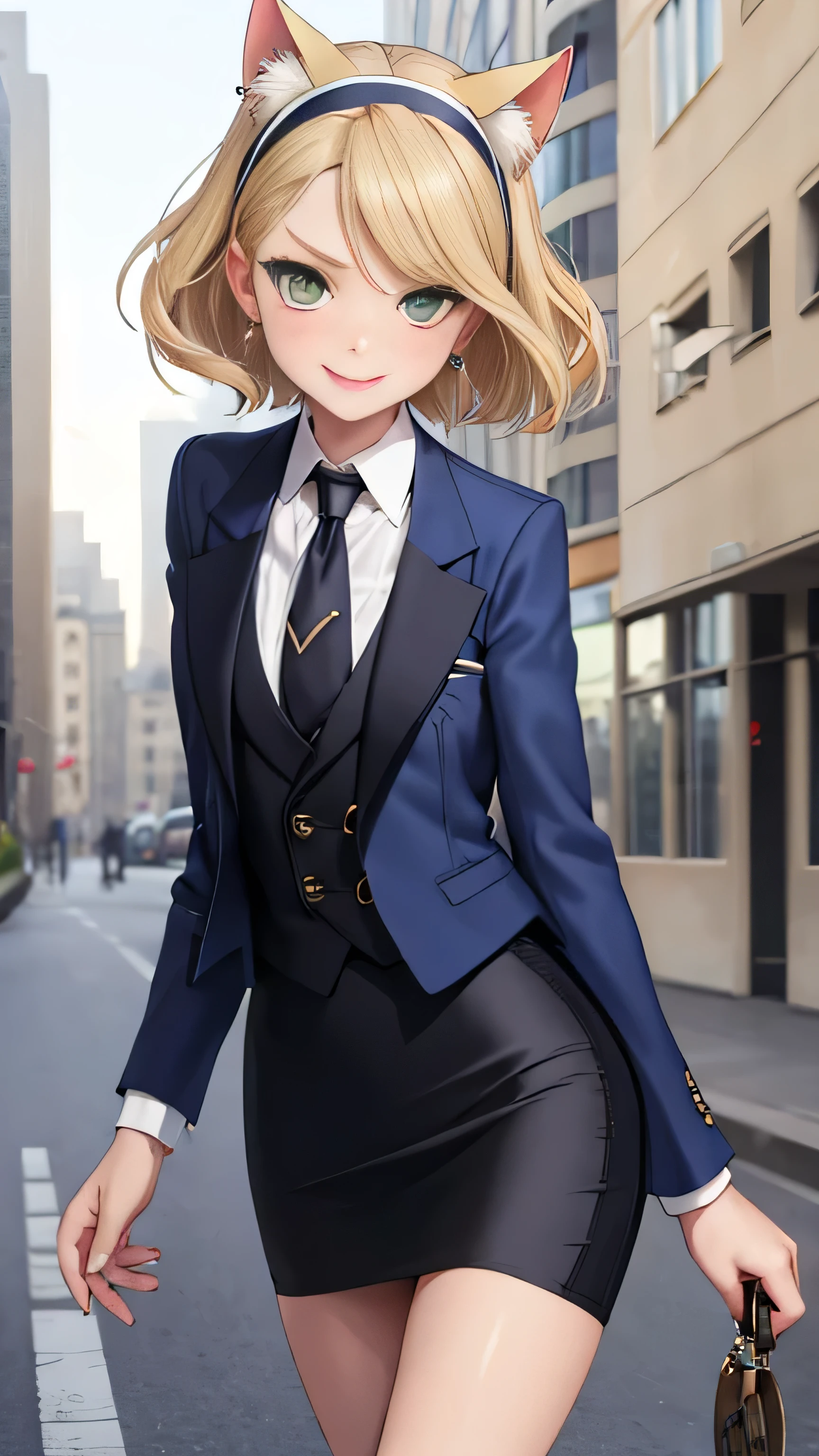 (masterpiece, best quality), 1girl, solo, blonde hair, hairband, short wavy hair, slicked-back hair, green eyes, small perky breasts, freckles, pale skin, long eyelashes, navy pinstripe satin skirt suit, (((three-piece suit))), silk necktie, blazer, (((suit jacket))), (((waistcoat))), double-breasted waistcoat, (((bodycon miniskirt))), (((pencil skirt))), cufflinks, tie clip, pocket square, pocket watch, pantyhose, high heels, earrings, ear piercing, outdoors, walking, happy, smile, wind, floating, upper body, looking at viewer, cat ears, cat tail