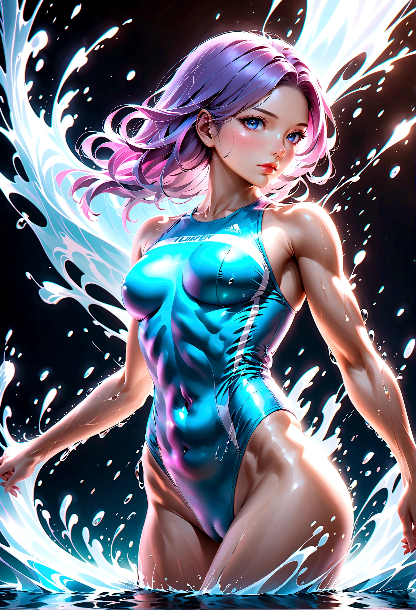 A competitive female swimmer in a tight, revealing swimsuit, dramatic pose, muscular athletic body, beautiful detailed eyes, beautiful detailed lips, extremely detailed face, long eyelashes, dynamic motion, water splashing, realistic, photorealistic, photo-realistic:1.37, best quality,8k,highres,masterpiece:1.2,ultra-detailed,dynamic lighting,vivid colors,studio lighting,physically-based rendering,professional