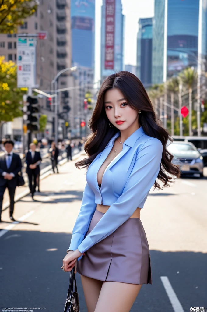 a 22 year old face of the most beautiful actress in the world, the perfect body proportions of a female, tight blazer is worn with formal shirt on female upper body, panties of female crotch between bare legs under short skirt are seen just a little, standing, at the city street, nsfw, best quality, highly detailed, masterpiece, ultra high res, photo realistic, 8k