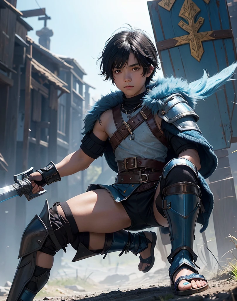 Young 13-year-old boy with black hair and brown eyes, innocent and happy, dressed in short neon-blue medieval barbarian clothes, fur shorts, light-blue battle armor, weilding silver sword and shield, sandals; fullbody; short hair, boyish athletic, sexy,