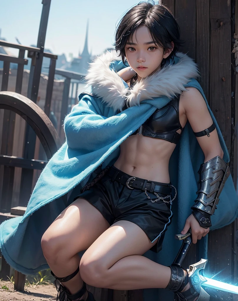 Young 13-year-old boy with black hair and brown eyes, innocent and happy, dressed in short neon-blue medieval barbarian clothes, fur shorts, light-blue battle armor, weilding silver sword and shield, sandals; fullbody; short hair, boyish athletic, sexy,