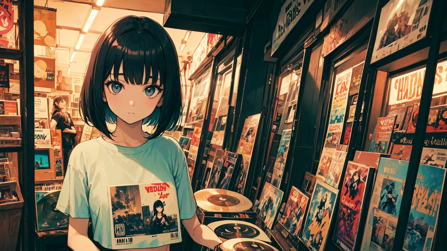 A very detailed beautiful woman, Perfect face,Black Hair, bob cut,Bangs, Gray eyes, Top of crop, Short sleeve, crop top, Super detailed, Retro Wave, Cyberpunk, Sad atmosphere, night light through the window, night vibes, Room, 2d, (long shot), Old comics, (A lot of records:1.3), vinyl plastic record shop, (masterpiece, best quality, best quality, Official Art, beautiful and aesthetic: 1.2), Old anime texture, Solitary, Cyberpunk, vinyl plastic, night