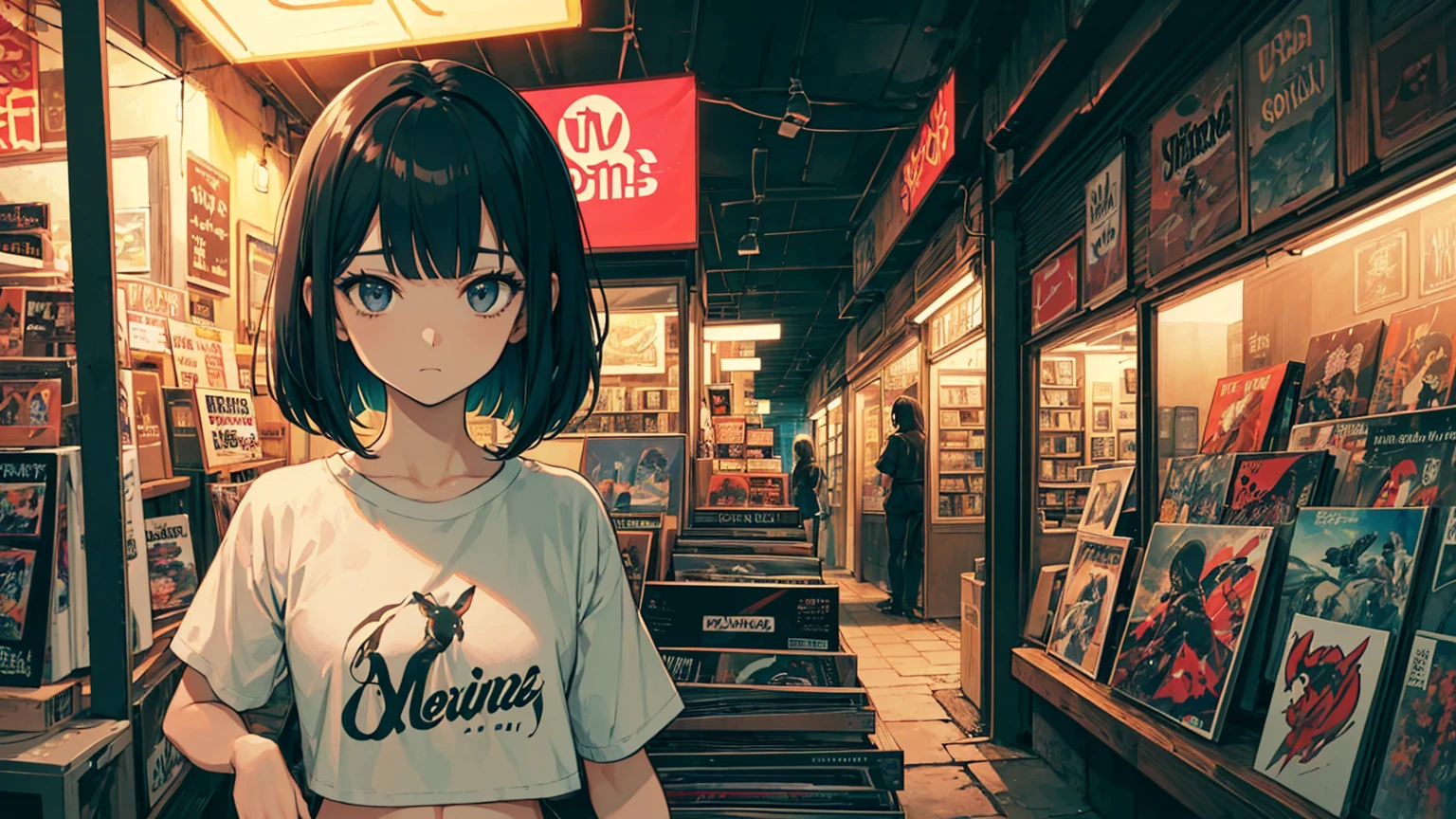 A very detailed beautiful woman, Perfect face,Black Hair, bob cut,Bangs, Gray eyes, Top of crop, Short sleeve, crop top, Super detailed, Retro Wave, Cyberpunk, Sad atmosphere, night light through the window, night vibes, Room, 2d, (long shot), Old comics, (A lot of records:1.3), vinyl plastic record shop, (masterpiece, best quality, best quality, Official Art, beautiful and aesthetic: 1.2), Old anime texture, Solitary, Cyberpunk, vinyl plastic, night