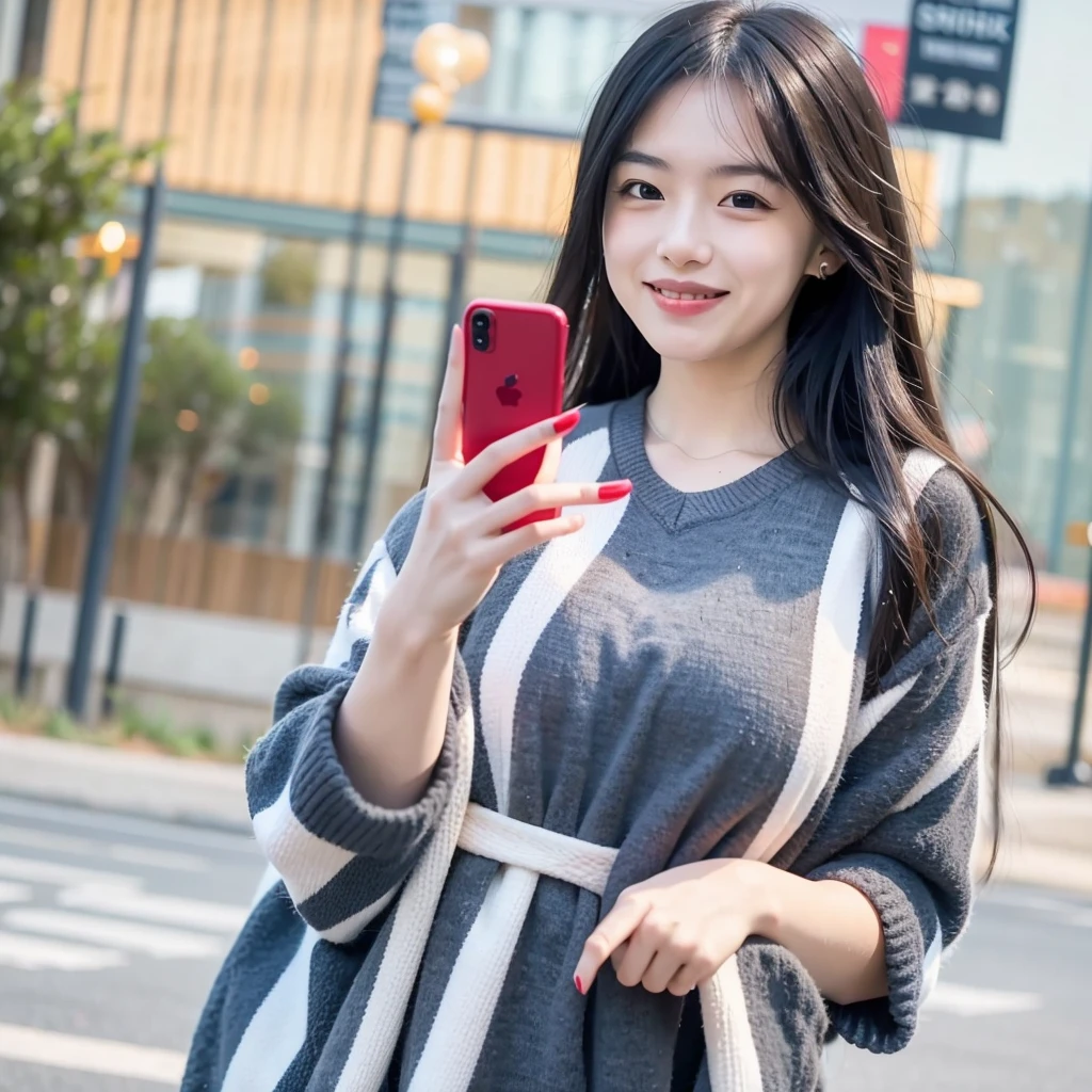 (8k, best quality, masterpiece:), Create a highly realistic image of a young woman taking a selfie outdoors in the evening. She is holding a red smartphone with her left hand, which is extended in front of her to capture the photo. The woman has long, straight black hair and is wearing a light blue and white checkered dress. She is smiling brightly and making a peace sign with her right hand. The background is slightly blurred but suggests a vibrant, urban setting with bokeh lights from street lamps or buildings. The overall atmosphere is cheerful and lively, with a warm, evening glow. best quality, perfect body, ultra realistic, accurate details , beautiful face
