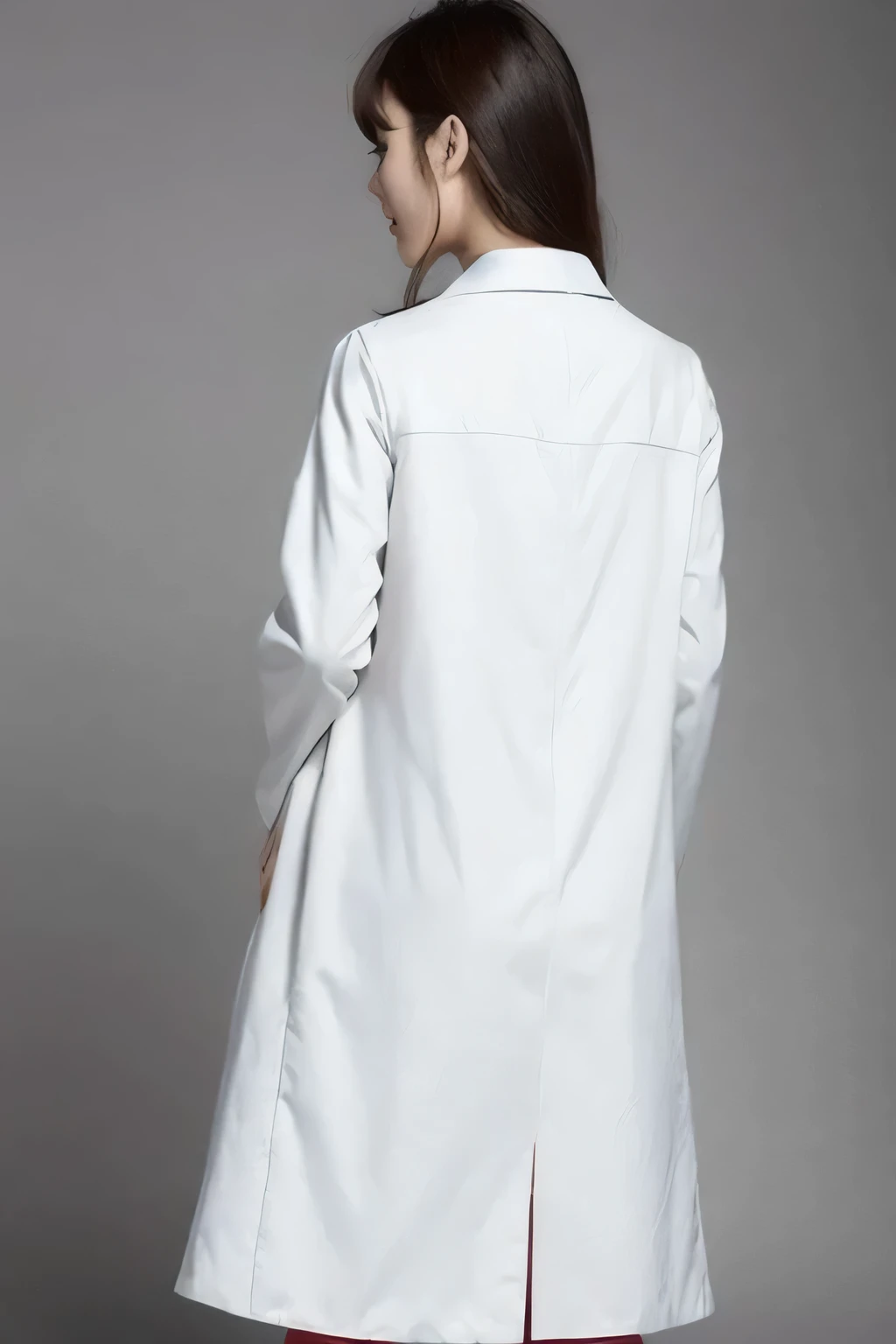 Japanese women　nurse　Back view　Dress is a white coat　Pants underneath