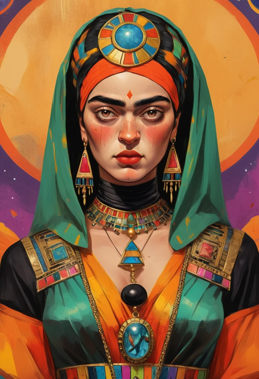 A colorful painting Frida Kahlo as a Tarot Card: score_9, score_8_up, score_7_up, score_6_up, score_5_up, [ ACOCleopatra],[Black Hair],Cleopatra from assin's Creed Origins,[Jewelry],[ancient Egypt],4k,sharp image,detailed, sexextremely detailed artgerm, (masterpiece, best quality:1.2), (insanely detailed, beautiful detailed, masterpiece, best quality), (insanely detailed, masterpiece, best quality) of tarot cards, a touch of Frida's signature artistic flair. (best quality, highres, vivid colors, photorealistic, artistic interpretation, detailed portrait), surreal tarot card, Frida Kahlo as a goddess in the tarot deck.