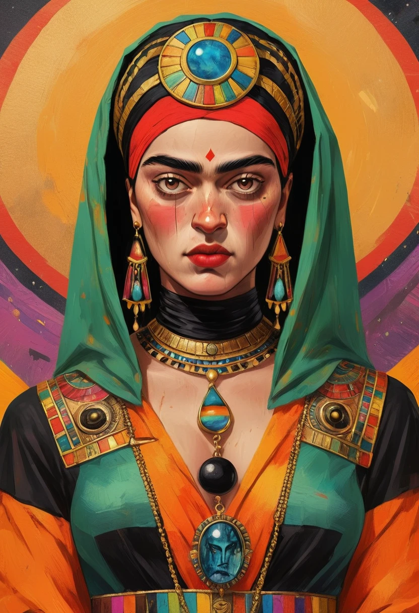 A colorful painting Frida Kahlo as a Tarot Card: score_9, score_8_up, score_7_up, score_6_up, score_5_up, [ ACOCleopatra],[Black Hair],Cleopatra from Assassin's Creed Origins,[Jewelry],[ancient Egypt],4k,sharp image,detailed, sexy, extremely detailed artgerm, (masterpiece, best quality:1.2), (insanely detailed, beautiful detailed, masterpiece, best quality), (insanely detailed, masterpiece, best quality) of tarot cards, a touch of Frida's signature artistic flair. (best quality, highres, vivid colors, photorealistic, artistic interpretation, detailed portrait), surreal tarot card, Frida Kahlo as a goddess in the tarot deck.