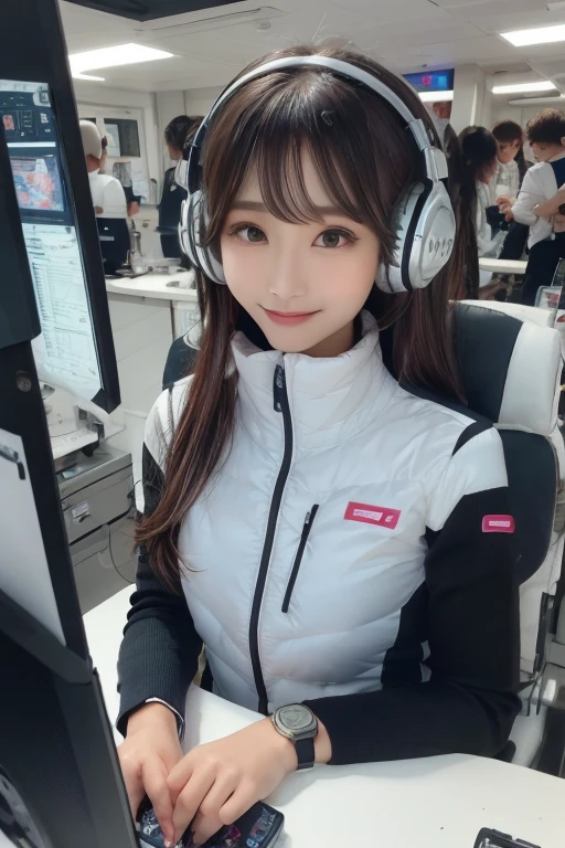 masterpiece, Highest quality, Very detailed, 8K Portrait,Japanese Android Girl,plump , Control panel,Robotic arms and legs, Blunt bangs,,break (Metallic Gray, Metallic luster, Mirror finish, Astro Best):5,headphone:5,break (Black sleeves):100,Smart Watches,Futuristic space station,Control Room,break headphone,blue eyes,(Black Hair):2,(Long Hair):1.3,Displaying the viewer,(respirator),break blush:3,Hidden Hand,smile