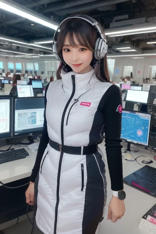 masterpiece, Highest quality, Very detailed, 8K Portrait,Japanese Android Girl,plump , Control panel,Robotic arms and legs, Blunt bangs,,break (Metallic Gray, Metallic luster, Mirror finish, Astro Best):5,headphone:5,break (Black sleeves):100,Smart Watches,Futuristic space station,Control Room,break headphone,blue eyes,(Black Hair):2,(Long Hair):1.3,Displaying the viewer,(respirator),break blush:3,Hidden Hand,smile