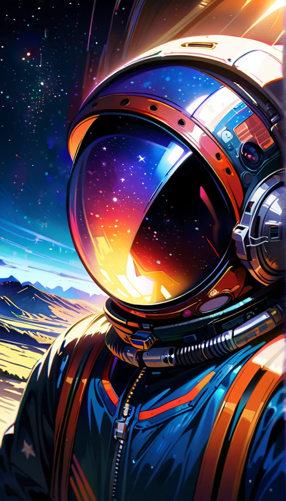 reflective space helmet, astronaut, sunrise reflected on visor, detailed space suit, vast starry night sky, highly detailed, photorealistic, studio lighting, ultra-detailed, vibrant colors, cinematic composition, dramatic lighting, epic scale, concept art style