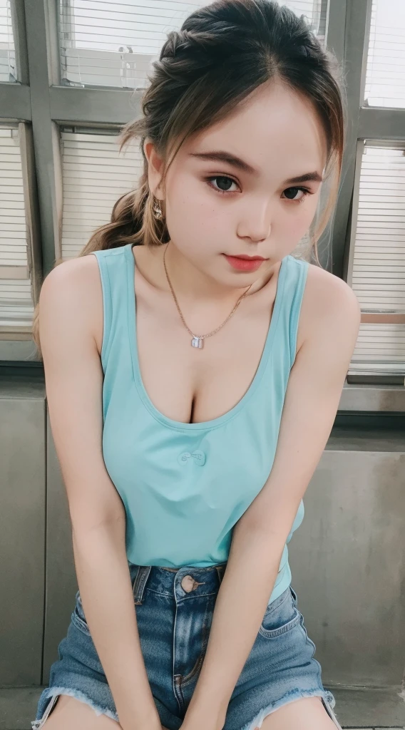 1 cute girl, single braid, thin makeup, 32 inch breasts size, wearing tank top and shorts jeans, sitting in front of the university, upper body portrait, (cinematic lighting:1.2),(UHD:1.2),(photorealistic,photo-realistic:1.37),(best quality,4k,8k,highres,masterpiece:1.2),ultra-detailed,vivid colors,bokeh