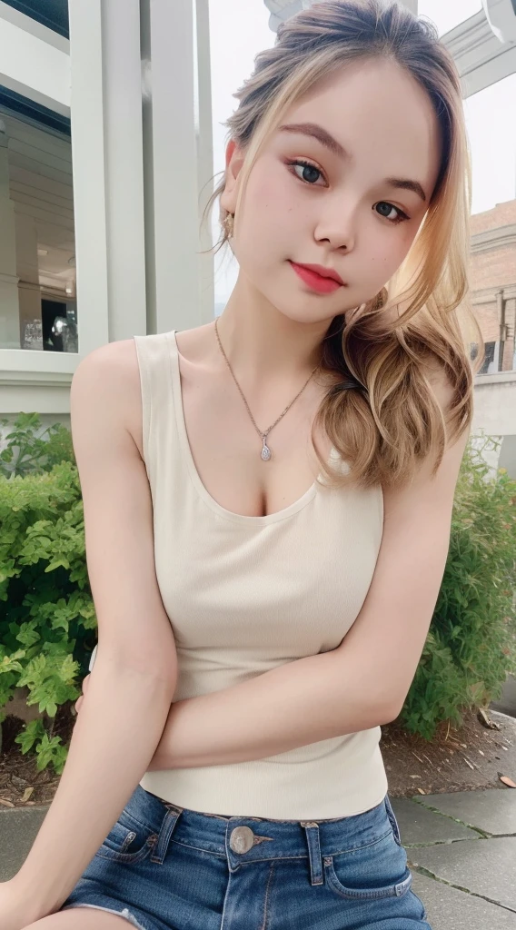 1 cute girl, single braid, thin makeup, 32 inch breasts size, wearing tank top and shorts jeans, sitting in front of the university, upper body portrait, (cinematic lighting:1.2),(UHD:1.2),(photorealistic,photo-realistic:1.37),(best quality,4k,8k,highres,masterpiece:1.2),ultra-detailed,vivid colors,bokeh