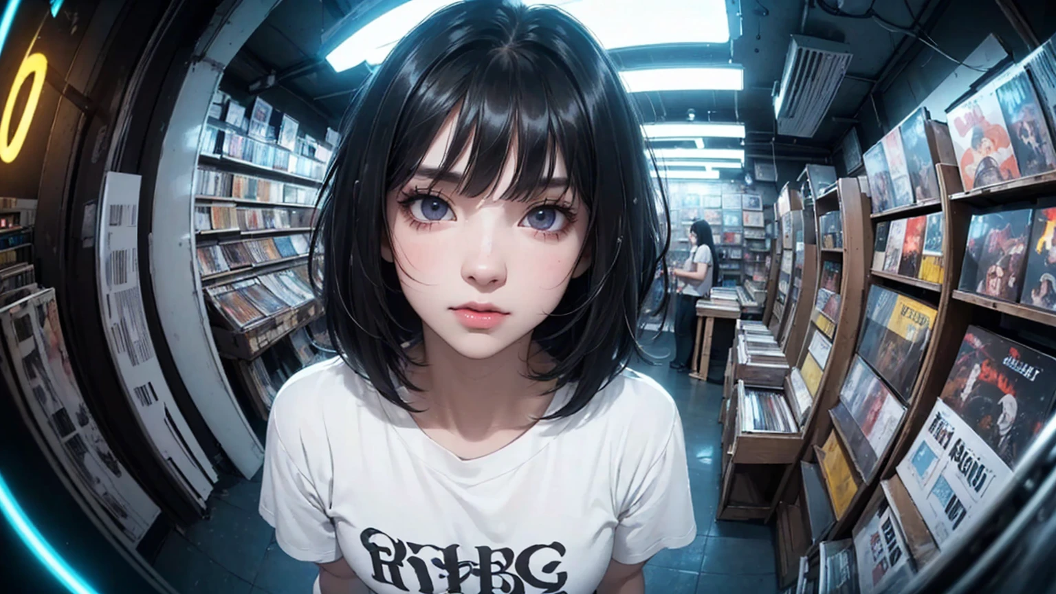 ((8k wallpaper extremely detailed CG unit, masterpiece, High resolution, top quality)), (A very detailed beautiful woman, Perfect face,Black Hair, bob cut,Bangs, Gray eyes, Top of crop, Short sleeve, crop top), ((The face is rich in detail, Highly detailed dark eyes, Extra detailed body, Top quality real texture skin)), (A black-haired one, Messy hair, White skin), (Interior Architecture, glowing neon lights, Record store), (High Angle:1.2, Fisheye:1.3), Surrealism, number,