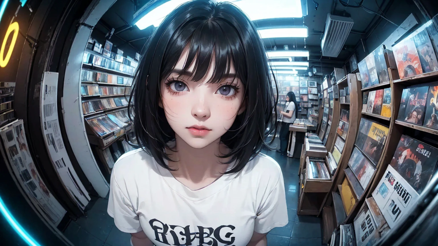 ((8k wallpaper extremely detailed CG unit, masterpiece, High resolution, top quality)), (A very detailed beautiful woman, Perfect face,Black Hair, bob cut,Bangs, Gray eyes, Top of crop, Short sleeve, crop top), ((The face is rich in detail, Highly detailed dark eyes, Extra detailed body, Top quality real texture skin)), (A black-haired one, Messy hair, White skin), (Interior Architecture, glowing neon lights, Record store), (High Angle:1.2, Fisheye:1.3), Surrealism, number,