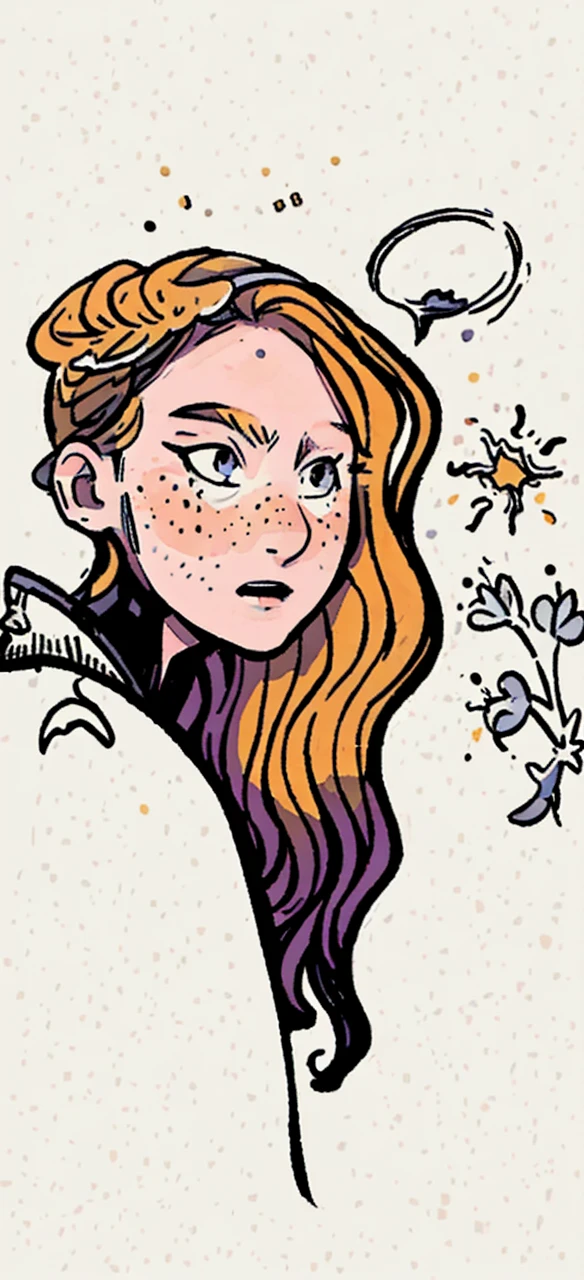 Hyper detailed gouache painting, Close-up, portrait, beautiful girl, outline, freckles, black background, light on face, dream, magical atmosphere, cinematic lighting, textured painting, hyper detailed