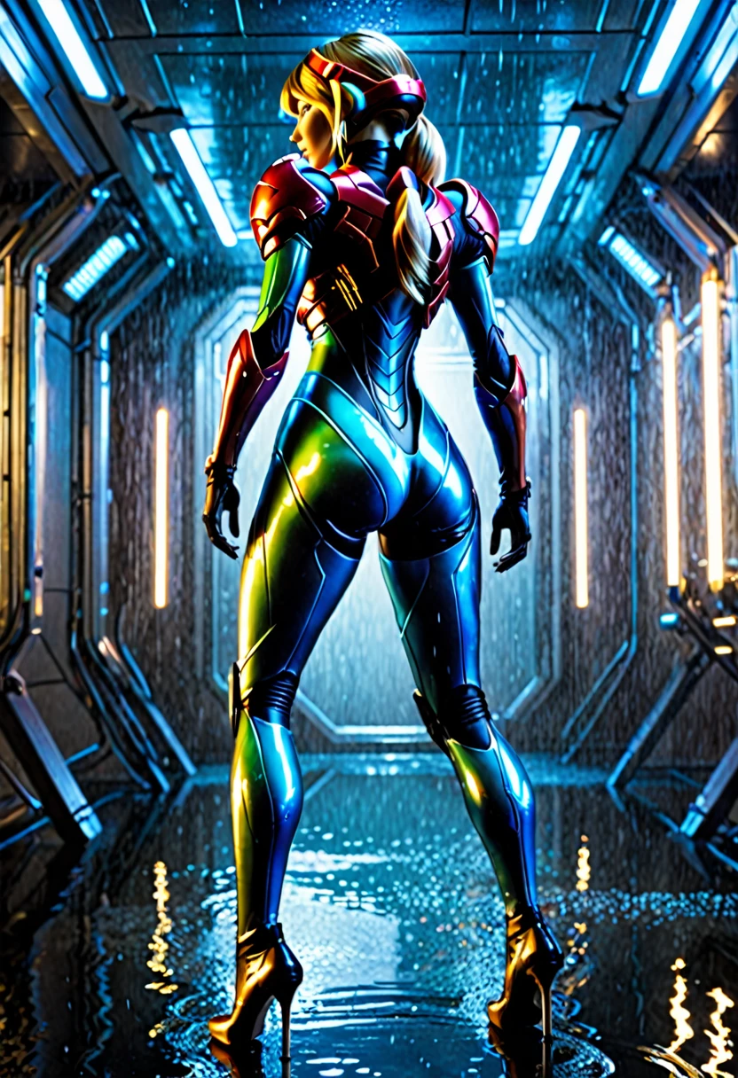 sci fi, bodysuit, heels , Standing, from behind, WET, LIGHTS, SHINY, samus, zerosuit, zero suit