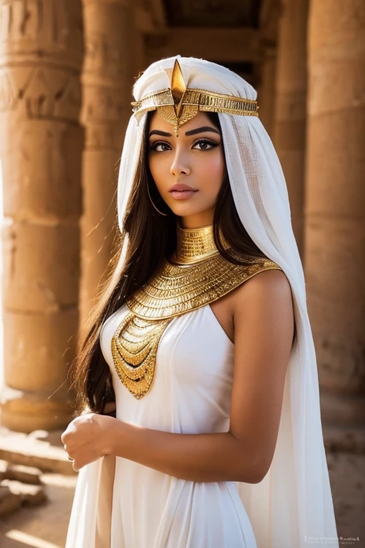 Arafed woman in a white dress and a golden headdress., hermosa Cleopatra, Egyptian princess, retrato de Cleopatra, Cleopatra, Egyptian, Egyptian style, Egyptian clothing, Cleopatra in her palace, Egyptian clothes, ancient princess Libu, android girl in Egyptian ruins, wearing an Egyptian crown, ancient Egyptian, retrato de Cleopatra, Beautiful goddess, pharaoh clothes, Egyptian makeup