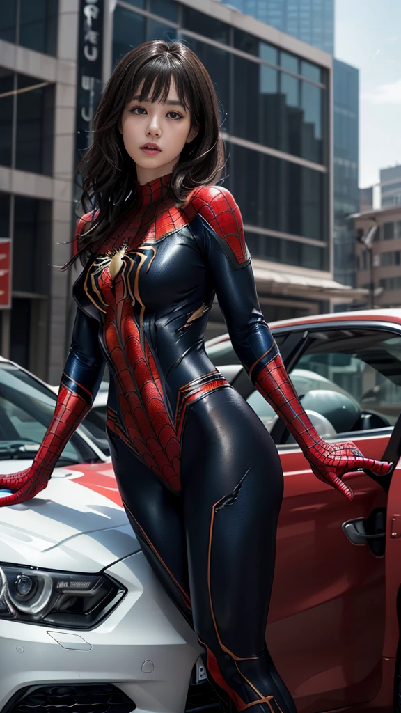 Mature Woman、(masterpiece, Highest quality), Intricate details, 8K, 1 Girl, Long Hair, Bowl Cut Hair,((blunt bangs))、 Black Hair,((Spiderman Suit)),Skyscraper, city, building, car, street,((Delicate painting)),(Detailed RAW photos of girls), (Pieces fly:1.25), (Highest quality:1.6), (Ultra-high resolution:1.5), (Photorealistic:1.75), 8K resolution, Canon EOS R5, 50mm, Confused, Very detailed,Cinema Lighting、(((Super big breasts)))、Leg spread、(I can see your abs)、((Separate suits))、Spider knee-high socks、Sexy pose、spiderman bikini、(((Ripped and tattered suit:1.1)))