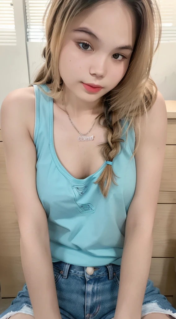 1 cute girl, single braid, thin makeup, 32 inch breasts size, wearing tank top and shorts jeans, sitting in front of the university, upper body portrait, (cinematic lighting:1.2),(UHD:1.2),(photorealistic,photo-realistic:1.37),(best quality,4k,8k,highres,masterpiece:1.2),ultra-detailed,vivid colors,bokeh