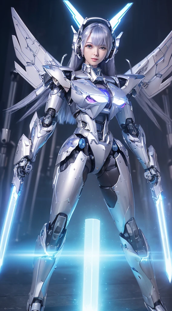 ((Intense action pose:1.6))、((Shining lenses on both breasts:1.3))、((A blue pillar of light is emitted from the lens.:1.3))、smile、((8K)), ((32k)), ((Highest quality)), ((masterpiece)), ((超A high resolution)), ((Tmasterpiece)), ((Halation:1.4))、((Mechaニカルheadgear:1.2))、((Cyber headphones:1.3))、Fine skin, High quality fabric, Fine metal texture、((Beautiful and dense face))、RAW Photos、Professional, Ultra-fine painting, ((alone)), Beautiful breasts、Highest quality, Very detailed, Very detailed詳細, Finer details, so beautiful, ((Princess Knight Robot:1.2)), (Joints of machines, Mechanical Limbs:1.3), (The internal structure of the machine is exposed:1.3), (Long silver hair:1.1), (Beautiful and huge mechanical breasts)、White Veil, cowboy_shot, Side Focus, headgear, Shiny、(Five Fingers, Four fingers and thumb),Concept Art, Anime fantasy artwork, Detailed fantasy art, (with pale blue-violet hair and large white wings,,,,,,,), (((Long silver hair))), (Mecha:1.6)、Sleek and intimidating design, ((Commander-in-Chief'arm)), (Perfect robot body)、純白と青紫armまたは, Symmetrical wings, 8K high quality, detailed art, 3D rendering of character art in 8K, neat legs, Defined, Defined fingers,