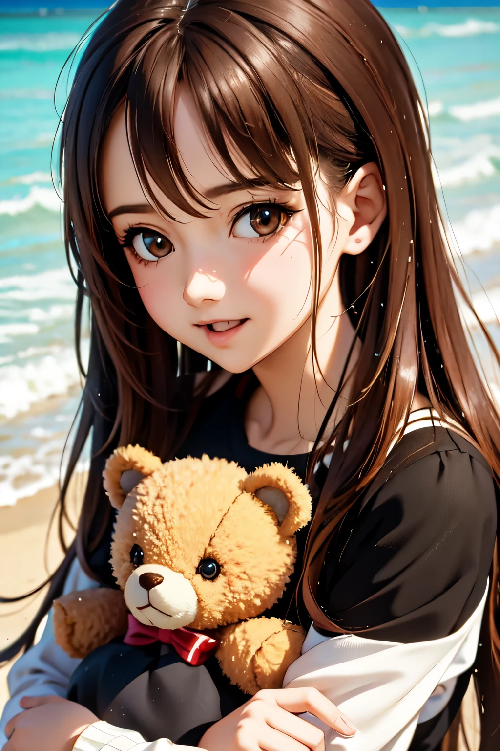 there is a woman holding a teddy bear on the beach, kawaii realistic portrait, cute anime girl, anime visual of a cute girl, smooth anime cg art, artwork in the style of guweiz, portrait of cute anime girl, cute portrait, beautiful anime portrait, beautiful anime girl, cute anime girl portrait, realistic anime 3 d style