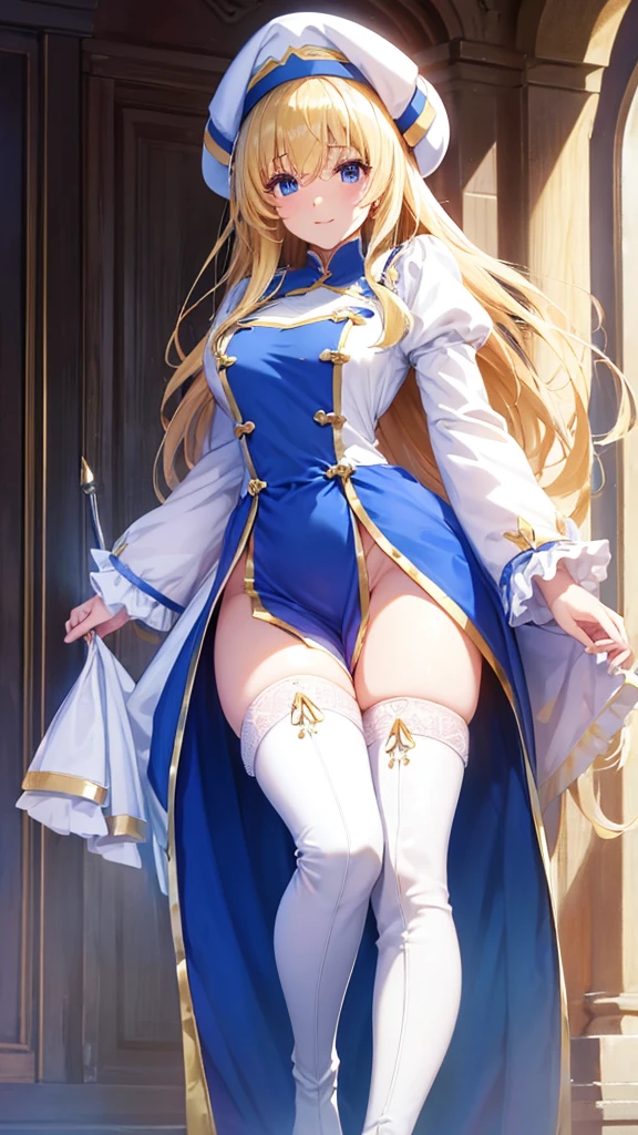 best quality, masterpiece, 1 woman, (alone:1.1), ray tracing, very detailed,detailed face, 8k wallpaper, wide hips, laugh, PriestessNDV, 1 woman, blonde hair, blue eyes, medium chest, long hair, white dress, white hat, thighs, have,  inside, kneel down ,sexy