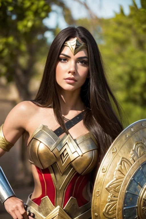 a closeup of a costumed woman holding a sword and shield, beautiful warrior, mujer warrior, una hermosa mujer warrior, warrior, princesa warrior, portrait of Wonder Woman, chica warrior, greek warrior amazona, muscular warrior women, warrior amazona, reina warrior, north adult warrior, barbarian mujer warrior, germ of art ; Motor irreal 3D, Wonder Woman