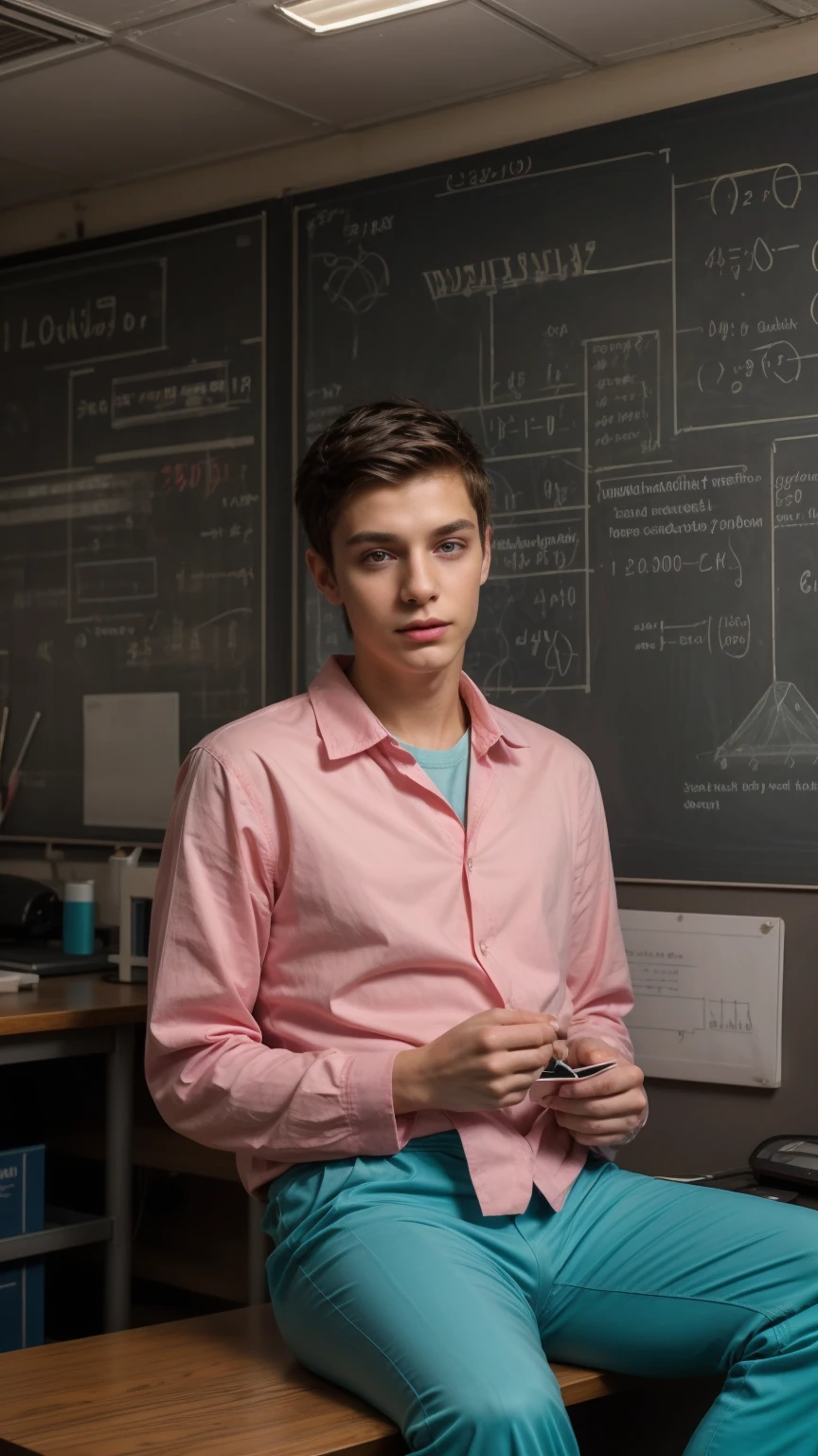 A cute, beautiful twink male young man with a face with makeup and black hair. He is wearing a long-sleeved, pink shirt and aqua blue pants. He is in his scientific office, sitting with medical scientific books next to him, and behind him is a blackboard with calculus written on it. Neon waves emerge from the blackboard.  The scientific office is a medical model, and he looks proudly as a medical genius with a blood bag in his hand.