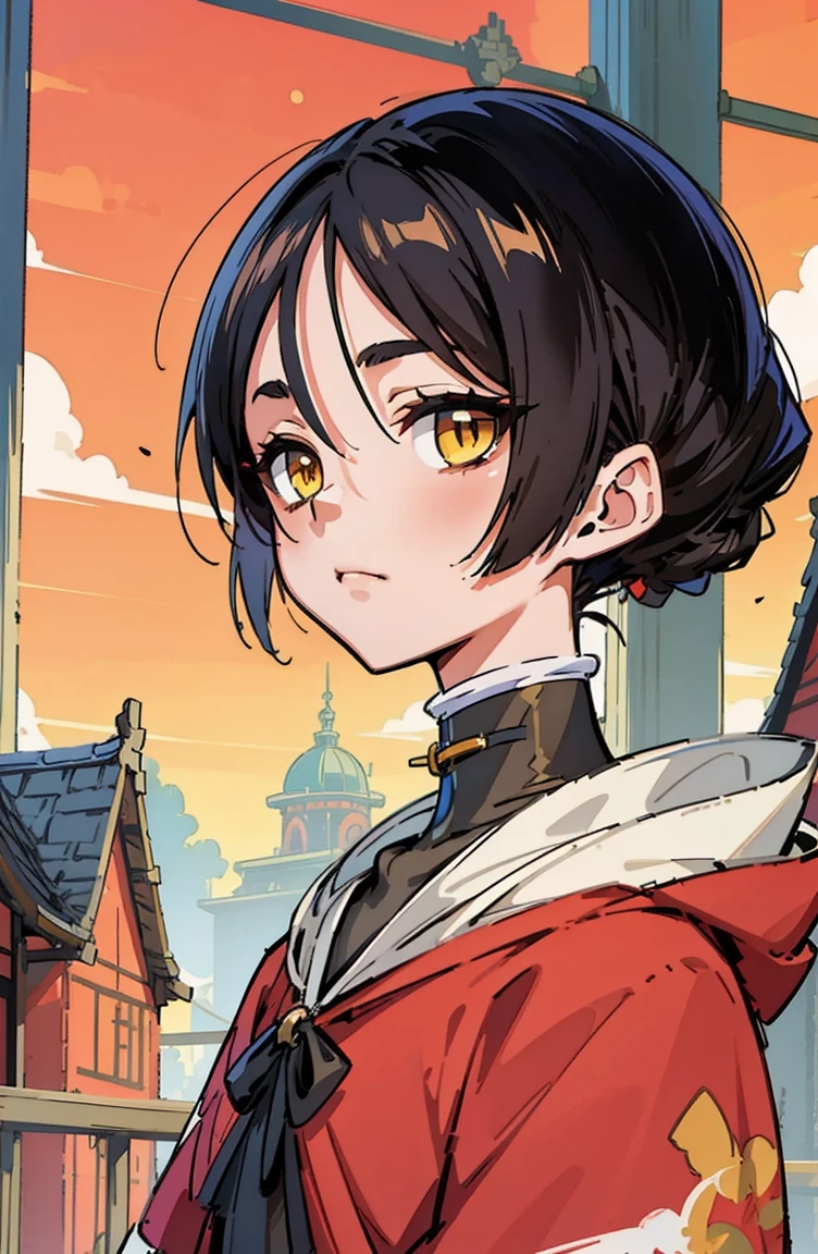 (masterpiece, best quality, ultra-detailed, illustration), hui xiyi, rekkyo sensen, rekkyou sensen, beautiful face, black hair, yellow eyes, perfect body, 1girl in, solo, hoodies in sweater, hair ribbon, drill hair, twin drills, camisoles and dress, straps, legends, collar, handcuffs, background with((village, old houses, outdoors, folk, fantasy world, ruin, castle, beautiful sky, shining sky, sunshine))